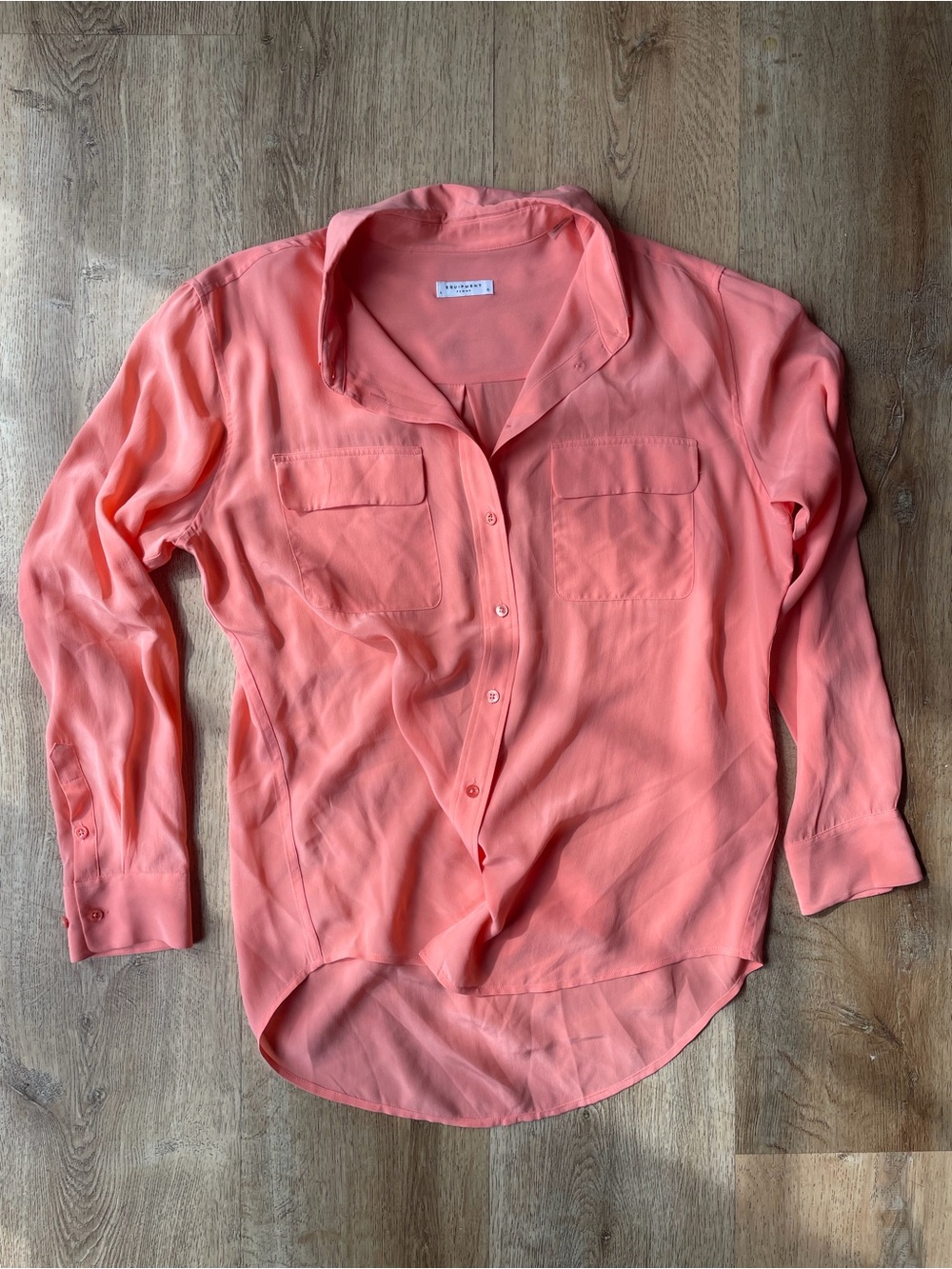 Equipment Femme 100% Silk Blouse L Coral Pink Button Down Pocket Shirt